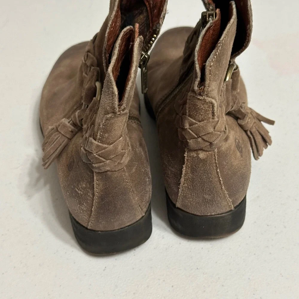 BORN Leather Suede Ankle Boots Brown Braided Tassel Buckle Side‎ Zip Women 7.5M